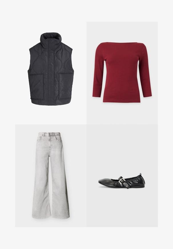 Zwarte gewatteerde mouwloze bodywarmer met hoge kraag en twee grote voorzakken, ontworpen voor warmte en casual gebruik.; Effen donkerrood geribd top met lange mouwen, een brede boothals en een aansluitend silhouet op een lichtgrijze achtergrond.; Lichtgrijze jeans met wijde pijpen van denim, voorzien van een hoge taille, steekzakken aan de voorkant en een knoopsluiting. Glad oppervlak met een subtiele vervaagde uitstraling.; Zwarte leren platte schoen met een spitse neus, geplooide details rond de opening en een zilveren gespaccentueerde verstelbare band.