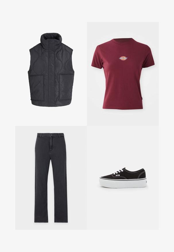 Sort quiltet ærmeløs vest med høj krave og to store forlommer foran, designet til varme og afslappet brug.; Bordeaux kortærmet t-shirt lavet af bomuld med rund halsudskæring og et lille multicoloreret "Dickies" logo på brystet.; Straight-leg sorte jeans med forreste knap- og lynlåslukning, bæltestropper og klassisk fem-lommer design, lagt fladt på hvid baggrund.; Sort lærred sneakers med en hvid gummi platform sål, der har hvide snørebånd og syninger, ikonisk branding på siden, lav-top design.