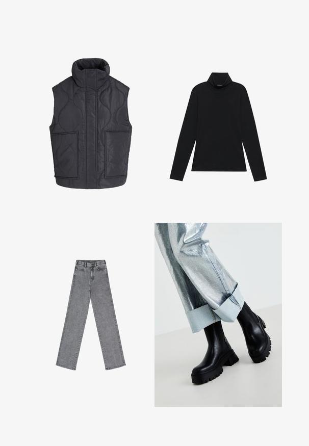 Sort quiltet ærmeløs vest med høj krave og to store forlommer foran, designet til varme og afslappet brug.; Sort turtleneck med lange ærmer. Blødt stof, tætsiddende design, høj krave og sidesøm. Simpel og alsidig stil, der er velegnet til lag-på-lag.; Grå denimjeans med høj talje, brede ben og fem-lomme design. Stoffet har en glat tekstur og minimalistisk syning.; Sorte chunky ankelstøvler med teksturerede såler, iført sølvmetallic bukser med en lys denimopretning. Minimalistisk design, slanke materialer.