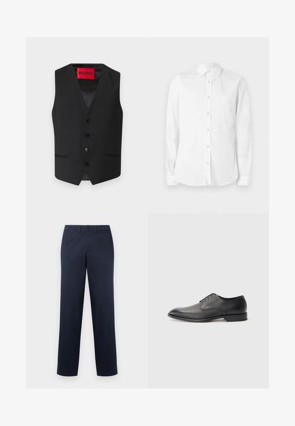 Sort jakkesæt vest med en glat tekstur, V-hals design, fem knaplukninger foran og to sidelommer. Etiketten står "HUGO" i rødt.; Hvid langærmet skjorte med knapper, lavet af bomuld. Har en spids krave og et lille broderet logo på brystet. Glat tekstur.; Mænds marineblå bukser med lige ben, bæltestropper, knap foran og sidelommer, vist på en ensartet lys baggrund.; Sort læder herresko med snørebånd, lav hæl og glat, let struktureret overflade på hvid baggrund.