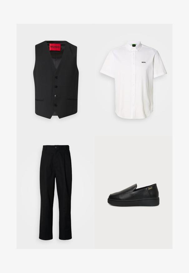 Zwarte colbert met een gladde textuur, V-hals ontwerp, vijf knopen aan de voorkant en twee zijzakken. Label leest "HUGO" in het rood.; Kort mouw wit poloshirt van katoen, met knoopsluiting, klassieke kraag en een zwart "BOSS"-logo op de borst.; Zwarte rechte broek met een knoopsluiting, lusjes voor een riem en een voornaad, gepresenteerd tegen een effen witte achtergrond.; Zwart leren instapschoenen met dikke zool en kleine ventilatiegaatjes aan de zijkant, met het gouden "HUGO"-logo nabij de hak.