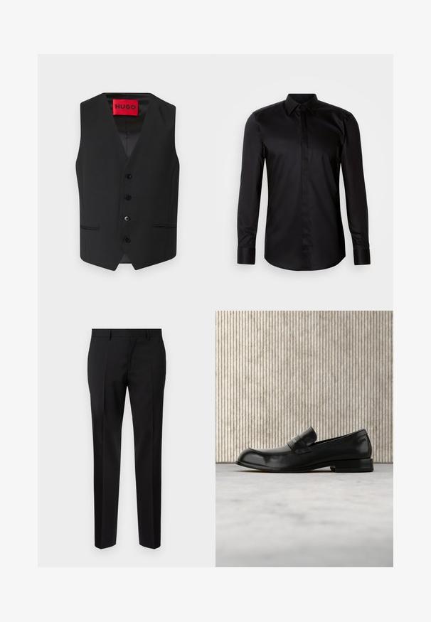 Chaleco negro con textura suave, diseño en V, cierre frontal con cinco botones y dos bolsillos laterales. La etiqueta dice "HUGO" en rojo.; Camisa negra de manga larga con botones, confeccionada en tela suave. Cuenta con cuello clásico, abotonadura frontal y puños de contraste.; Pantalones negros de corte ajustado, hechos de una tela suave, con pernera recta, detalles de pinzas refinadas y una cinturilla clásica con ojales para cinturón.; Mocasín negro de cuero con detalle metálico, mostrado suspendido sobre una alfombra beige, con una mesa redonda de color ámbar en el fondo.