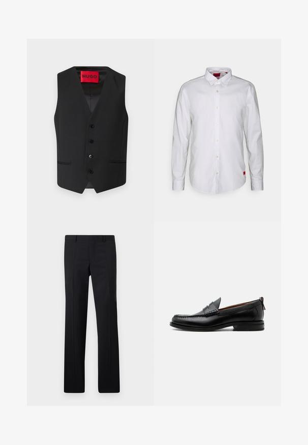 Chaleco negro con textura suave, diseño en V, cierre frontal con cinco botones y dos bolsillos laterales. La etiqueta dice "HUGO" en rojo.; Camisa blanca de manga larga con cuello abotonado, fabricada en tejido ligero. Presenta una discreta etiqueta de la marca en rojo en la parte inferior.; Pantalones negros ajustados con un diseño de pierna recta, pliegues marcados y un acabado suave. Fabricados en tejido ligero con una cintura limpia.; Mocasín de hombre de piel negra con costura moc toe, tira penny, cuello texturizado y tacón bajo apilado sobre fondo blanco.