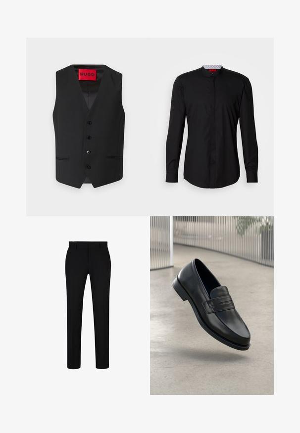 Chaleco negro con textura suave, diseño en V, cierre frontal con cinco botones y dos bolsillos laterales. La etiqueta dice "HUGO" en rojo.; Camisa negra de manga larga con cuello mandarín, confeccionada en una tela suave, con cierre de botones en la parte delantera y detalles de diseño sutiles.; Pantalones negros de corte ajustado, hechos de una tela suave. Presentan un diseño de frente plano, pasadores para cinturón y pliegues nítidos a lo largo de las piernas. No tienen bolsillos visibles.; Mocasín de cuero negro con textura suave, punta puntiaguda y una correa decorativa a lo largo del empeine. Suela ligera, diseño minimalista.