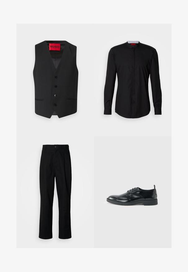 Chaleco negro con textura suave, diseño en V, cierre frontal con cinco botones y dos bolsillos laterales. La etiqueta dice "HUGO" en rojo.; Camisa negra de manga larga con cuello mandarín, confeccionada en una tela suave, con cierre de botones en la parte delantera y detalles de diseño sutiles.; Pantalones rectos negros con cintura con botones, trabillas para cinturón y pliegue frontal, exhibidos sobre un fondo blanco liso.; Zapato de vestir negro de cuero brillante con tacón bajo, cierre de cordones y puntera redonda, mostrado de lado sobre un fondo claro y liso.