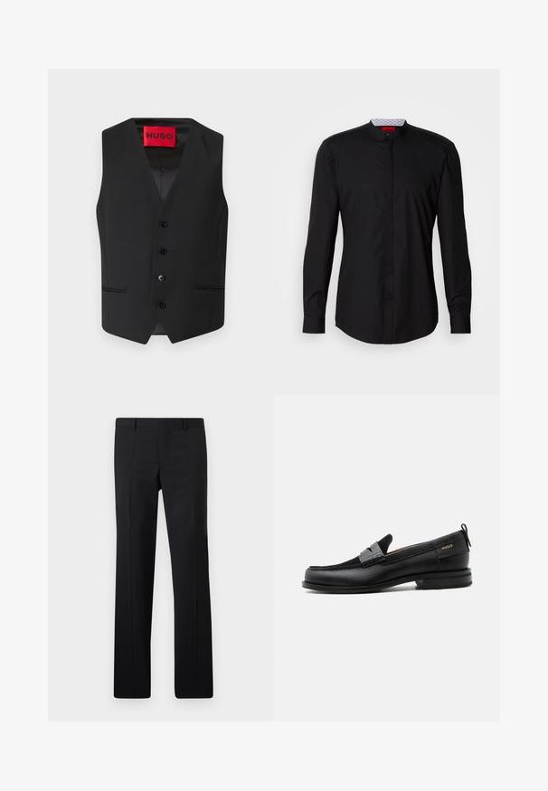 Zwarte colbert met een gladde textuur, V-hals ontwerp, vijf knopen aan de voorkant en twee zijzakken. Label leest "HUGO" in het rood.; Zwart shirt met lange mouwen en een mandarijnkraag, gemaakt van een gladde stof, met een knoopsluiting aan de voorkant en subtiele designdetails.; Zwarte op maat gemaakte pantalon met een recht model, scherpe plooien en een gladde afwerking. Gemaakt van lichtgewicht stof met een strakke tailleband.; Zwarte leren loafer met grijs riemdetailelement, lage hak en gestructureerde zool, aan de zijkant gebrandmerkt met "HUGO" in goud.