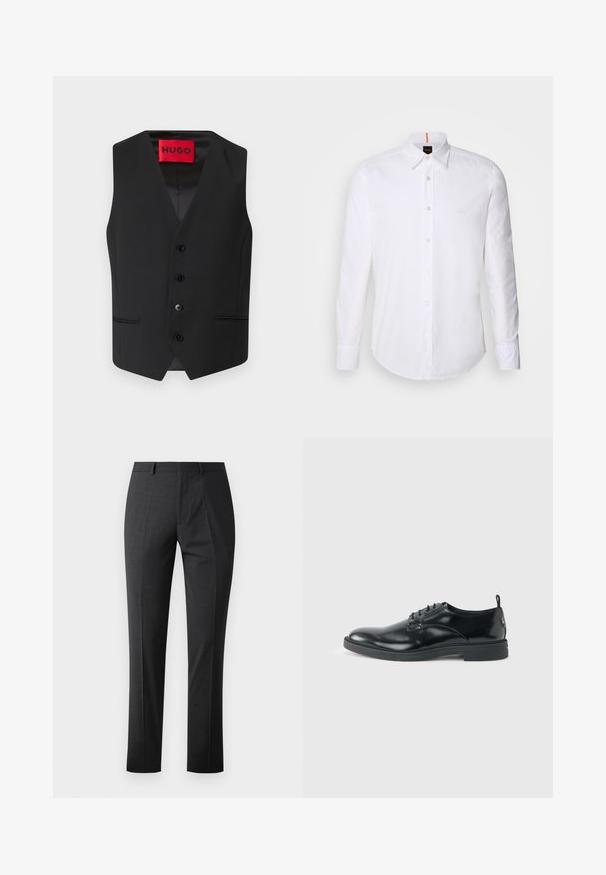 Chaleco negro con textura suave, diseño en V, cierre frontal con cinco botones y dos bolsillos laterales. La etiqueta dice "HUGO" en rojo.; Camisa blanca de manga larga y corte clásico, hecha de algodón, que presenta un cuello clásico, un logo sutil cerca del pecho y botones blancos.; Pantalones oscuros grises a medida con una textura suave, corte ajustado, frente plano y cinturilla estándar. Presentan pliegues marcados y sin patrones visibles.; Zapato de vestir negro de cuero brillante con tacón bajo, cierre de cordones y puntera redonda, mostrado de lado sobre un fondo claro y liso.
