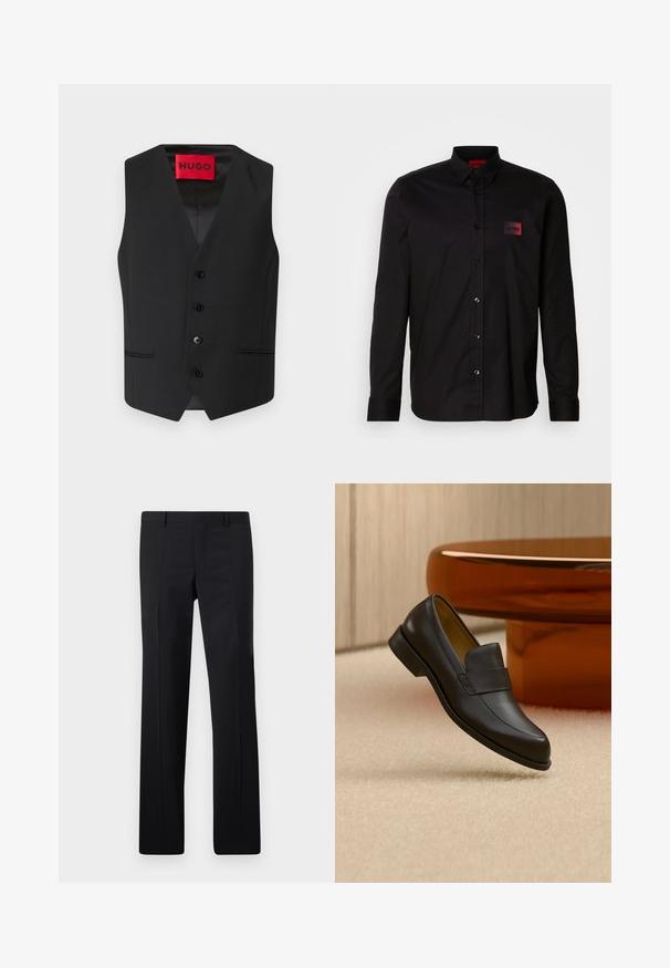 Sort jakkesæt vest med en glat tekstur, V-hals design, fem knaplukninger foran og to sidelommer. Etiketten står "HUGO" i rødt.; Sort langærmet skjorte lavet af glat stof, med knaplukning, klassisk krave og en lille rød mærke-patch på brystet.; Sorte skræddersyede bukser med et lige ben design, skarpe folder og en glat overflade. Fremstillet af letvægtsstof med en ren talje.; Sort læder loafers med lav hæl svævende over beige tæppe ved rundt brunt bord.