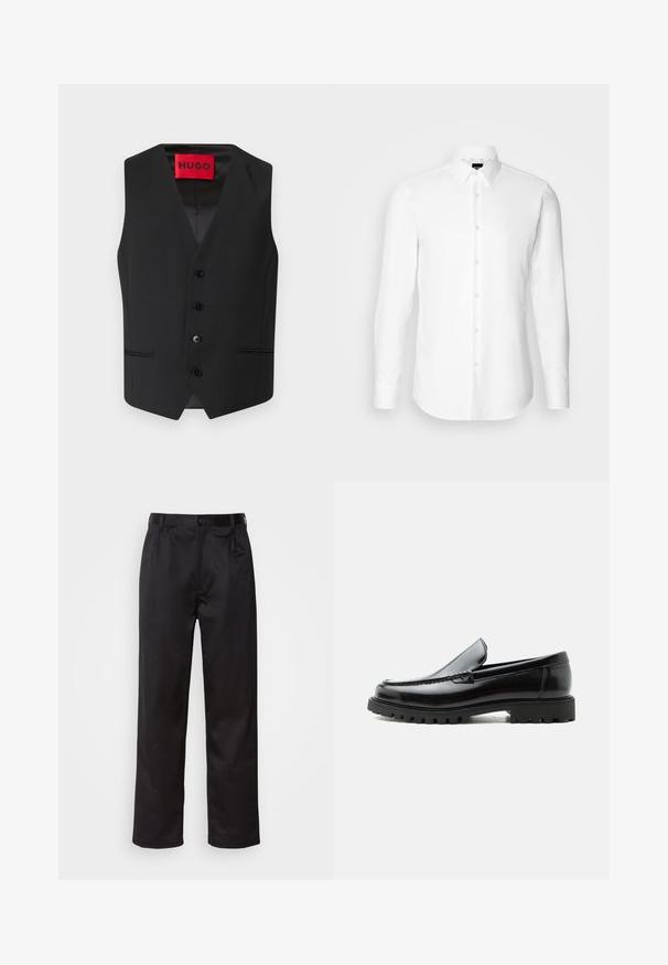 Chaleco negro con textura suave, diseño en V, cierre frontal con cinco botones y dos bolsillos laterales. La etiqueta dice "HUGO" en rojo.; Camisa blanca de manga larga, con cierre de botones en el frente, cuello clásico, confeccionada con una tela suave con una textura sutil, diseñada para un ajuste entallado.; Pantalones negros de tela suave, con cierre delantero de botón, pliegues y patas rectas. Sin patrones ni acentos visibles.; Mocasín de cuero negro con suela de goma gruesa, empeine cosido y nombre de la marca en relieve en el talón, mostrado en perfil lateral sobre fondo blanco.