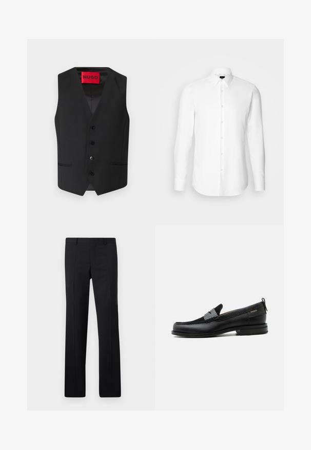 Zwarte colbert met een gladde textuur, V-hals ontwerp, vijf knopen aan de voorkant en twee zijzakken. Label leest "HUGO" in het rood.; Witte blouse met lange mouwen, knoopsluiting aan de voorkant, klassieke kraag, gemaakt van gladde stof met een subtiele textuur, ontworpen voor een aansluitende pasvorm.; Zwarte op maat gemaakte pantalon met een recht model, scherpe plooien en een gladde afwerking. Gemaakt van lichtgewicht stof met een strakke tailleband.; Zwarte leren loafer met grijs riemdetailelement, lage hak en gestructureerde zool, aan de zijkant gebrandmerkt met "HUGO" in goud.