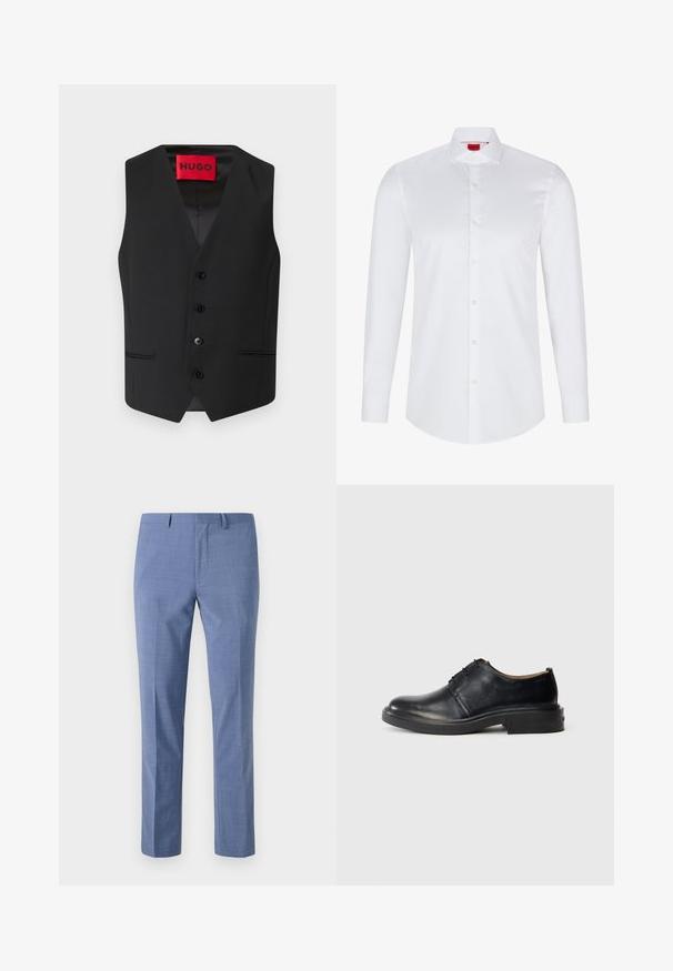 Sort jakkesæt vest med en glat tekstur, V-hals design, fem knaplukninger foran og to sidelommer. Etiketten står "HUGO" i rødt.; Hvid langærmet skjorte med knaplukning lavet af glat bomuld. Har en klassisk krave, fuld knaplukning og afrundet nederkant.; Lysblå dressbukser i skræddersyet pasform, struktureret stof, flad front, skrå sidelommer og en glat talje med bæltesløjfer.; Sorte læder oxford sko med rund tå, snørebånd foran og lav, stablet hæl på lys baggrund.