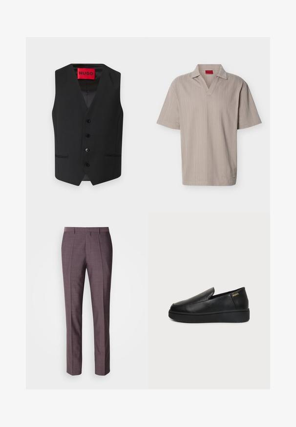 Zwarte colbert met een gladde textuur, V-hals ontwerp, vijf knopen aan de voorkant en twee zijzakken. Label leest "HUGO" in het rood.; Beige gebreid poloshirt met korte mouwen, voorzien van een geribbelde verticale streepstructuur en een open V-hals kraag.; Herenbroek op maat in een gedempte paarse tint, met een gladde textuur, rechte pijpen en voorplooien voor extra detail.; Zwart leren instapschoenen met dikke zool en kleine ventilatiegaatjes aan de zijkant, met het gouden "HUGO"-logo nabij de hak.