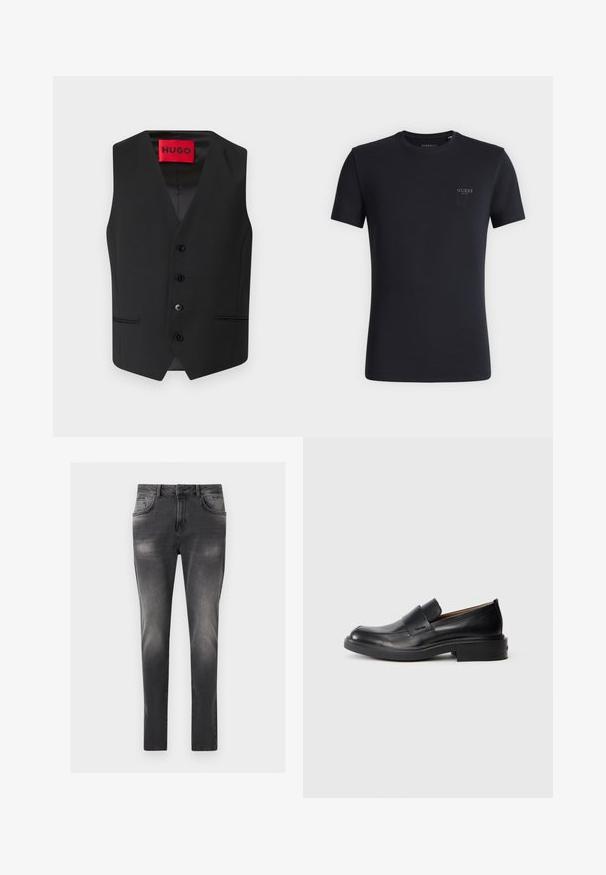 Chaleco negro con textura suave, diseño en V, cierre frontal con cinco botones y dos bolsillos laterales. La etiqueta dice "HUGO" en rojo.; Camiseta negra de manga corta con cuello redondo con pequeño logo "Guess" en el pecho izquierdo y diseño liso sobre fondo blanco.; Vaqueros ajustados de color gris oscuro con detalles desgastados, cierre frontal de botones, cinco bolsillos y trabillas para cinturón.; Zapato de vestir negro de cuero sin cordones con tacón bajo y un sutil logo de Calvin Klein en el lateral, mostrado en perfil sobre un fondo blanco.