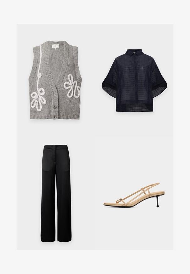 Cardigan sans manches gris tricoté avec un col en V profond, trois boutons et une broderie florale blanche en boucles sur les côtés avant.; Chemise à manches courtes bleu marine avec un motif à carreaux subtil et un col pointu.; Pantalons noirs à jambes larges avec une surface texturée, dotés d'une taille plate et de deux poches latérales. Le tissu semble léger et fluide.; Sandale beige à lanières avec une fine boucle pour l'orteil, deux lanières latérales, une bride arrière, une semelle rembourrée et un talon noir élégant de hauteur moyenne.