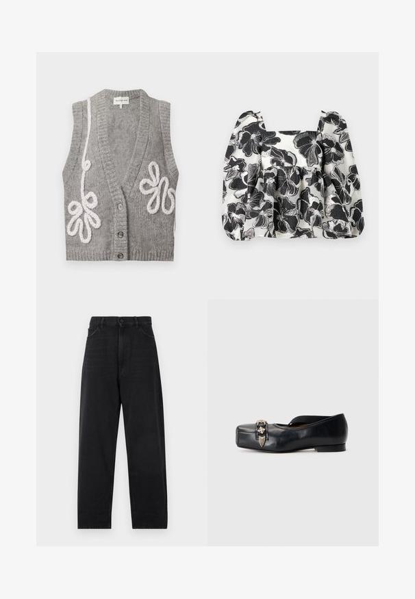 Cardigan sans manches gris tricoté avec un col en V profond, trois boutons et une broderie florale blanche en boucles sur les côtés avant.; Blouse florale noir et blanc avec des manches bouffantes, un décolleté carré, un tissu texturé et des accents en fil métallique, créant une apparence superposée.; Jean en denim noir avec une taille haute, coupe droite, fermeture à bouton et style classique à cinq poches. Texture lisse avec des coutures discrètes.; Chaussure plate en cuir noir avec un bout carré, sangle élastique et ornement métallique à l'avant, présentant une texture lisse et un talon minimal.