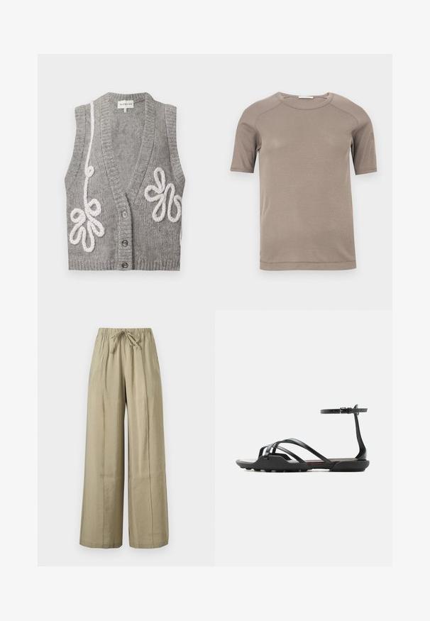 Cardigan sans manches gris tricoté avec un col en V profond, trois boutons et une broderie florale blanche en boucles sur les côtés avant.; T-shirt beige à manches courtes avec col rond côtelé et coutures visibles aux manches et à l'encolure, présenté à plat sur un fond blanc.; Pantalon beige à jambes larges avec taille élastique et lien à l’avant, en tissu léger pour un usage décontracté.; Sandale plate noire avec de fines brides croisées sur les orteils et une bride de cheville à boucle, avec une semelle légèrement texturée pour une meilleure adhérence.