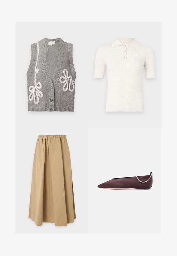 Cardigan sans manches gris tricoté avec un col en V profond, trois boutons et une broderie florale blanche en boucles sur les côtés avant.; Polo crème côtelé à manches courtes, doté d'un col plat et de trois boutons décoratifs au niveau de l'encolure. Texture lisse.; Jupe beige longueur genoux avec taille élastiquée froncée, en tissu uni et lisse, présentée sur un fond clair uni.; Chaussure plate marron foncé à bout pointu avec un petit talon et un détail chaîne en strass argentée à l'arrière.