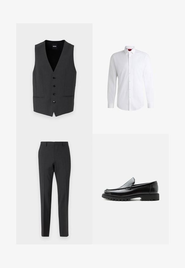 Chaleco gris oscuro de corte ajustado, con cierre de cinco botones, solapas de muesca y dos bolsillos frontales. Fabricado en una tela texturizada. Etiqueta de la marca: BOSS.; Camisa blanca de botones, confeccionada en tela suave, con collar clásico, mangas largas y dobladillo curvado. Presenta botones beige en la parte delantera.; Pantalones tailored en gris oscuro con una textura suave, de corte ajustado, frente plano y pasadores para cinturón, diseñados para atuendos formales o de negocios.; Mocasín de cuero negro con suela de goma gruesa, empeine cosido y nombre de la marca en relieve en el talón, mostrado en perfil lateral sobre fondo blanco.