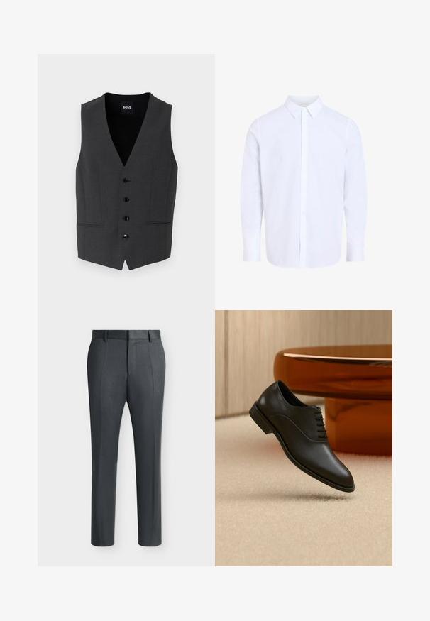 Mørkegrå vest med slim fit, fem knaplukninger, notch-lapel og to forlommer. Fremstillet af et tekstureret stof. Mærke: BOSS.; Hvid, langærmet skjorte med knapper, klassisk krave, lavet af glat stof, med knapstolpe foran og afrundet kant.; Mørkegrå formelle bukser med bæltestropper og pressekiler, vist på en ensfarvet lys baggrund.; Sort poleret læder snøresko til fest, der svæver over beige tæppe, med stort rundt glasbord i ravfarve i baggrunden.