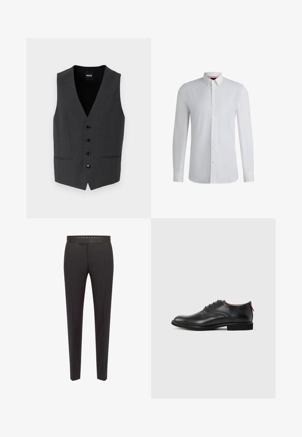 Chaleco gris oscuro de corte ajustado, con cierre de cinco botones, solapas de muesca y dos bolsillos frontales. Fabricado en una tela texturizada. Etiqueta de la marca: BOSS.; Camisa blanca de manga larga con cuello abotonado, que presenta una textura suave, corte recto y un detalle sutil a lo largo del pliegue frontal.; Pantalones negros a medida con una textura suave, corte recto, presillas para cinturón y pliegues frontales para un aspecto pulido.; Zapato de vestir para hombre de cuero negro con cordones en la parte delantera y tira roja en el talón sobre un fondo liso.
