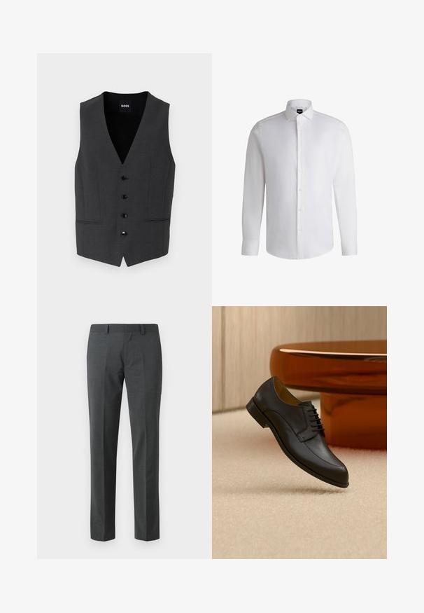 Mørkegrå vest med slim fit, fem knaplukninger, notch-lapel og to forlommer. Fremstillet af et tekstureret stof. Mærke: BOSS.; Hvid langærmet skjorte lavet af glat bomuld, med klassisk krave, fuld knaplukning og knapmanchetter. Minimalistisk design.; Mørkegrå skræddersyede bukser lavet af et glat tekstil. Har lige ben, flad front og bæltestropper. Ingen synlige mønstre eller accenter.; Sort læder snøresko, der svæver over beige tæppe med et rundt orange bord i baggrunden.