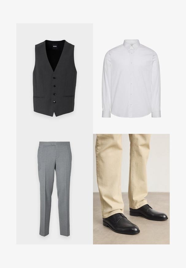 Chaleco gris oscuro de corte ajustado, con cierre de cinco botones, solapas de muesca y dos bolsillos frontales. Fabricado en una tela texturizada. Etiqueta de la marca: BOSS.; Camisa blanca de manga larga con botones, hecha de algodón. Presenta un cuello estándar, tapeta frontal con botones y dobladillo redondeado. Logo de la marca discreto.; Pantalones grises a medida hechos de una tela texturizada, con un diseño de frente plano, trabillas para cinturón y dos bolsillos laterales. Diseño de pierna recta.; Zapatos de cuero negro con cordones, puntera redondeada, acabado suave y sutiles detalles de costura, combinados con pantalones de color beige claro.