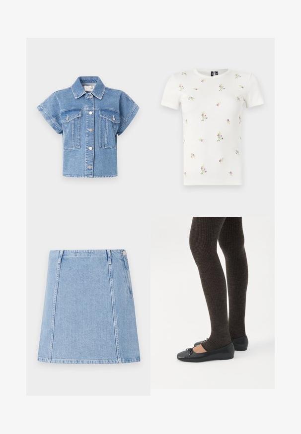 Lichtblauwe denim korte mouwen jacket met een kraag, knoopsluiting aan de voorkant en twee grote borstzakken. Kenmerken zijn stiksels en zilveren knopen.; Witte katoenen T-shirt met korte mouwen, voorzien van een geribbelde textuur en verspreide bloemrijke borduursels in roze en groen.; Lichtblauwe spijkerrok met een rechte snit, zichtbare stikseldetails en een zijzak. Het materiaal is gestructureerd met een zachte afwerking.; Benen met donkere geribbelde leggings gecombineerd met zwarte ballerina's met kleine strikdetails op een witte achtergrond.