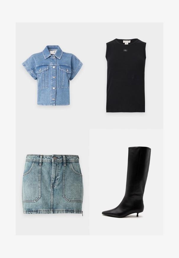Lichtblauwe denim korte mouwen jacket met een kraag, knoopsluiting aan de voorkant en twee grote borstzakken. Kenmerken zijn stiksels en zilveren knopen.; Zwart mouwloos, geribbeld tanktop met ronde hals en een klein Calvin Klein-logoplaatje in het midden onder de kraag.; Leren denim minirok in lichtblauw met een vijf-pocketontwerp, riemlussen, metalen knoopsluiting en contrasterende stiksels.; Zwarte leren kniehoge laars met puntige neus en lage kittenhak tegen een effen lichte achtergrond.