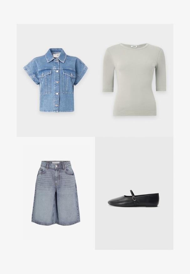 Lichtblauwe denim korte mouwen jacket met een kraag, knoopsluiting aan de voorkant en twee grote borstzakken. Kenmerken zijn stiksels en zilveren knopen.; Lichtgrijs geribd T-shirt met korte mouwen, een ronde halslijn en een aangesloten pasvorm. Soepele textuur en subtiele rek voor comfort.; Lichtblauwe denim shorts met hoge taille, voorknop, rits, riemlussen en ontwerp met vijf zakken.; Zwarte leren balletschoenen met een spitse neus, platte zool en een kleine strap met een zilveren gespsluiting.