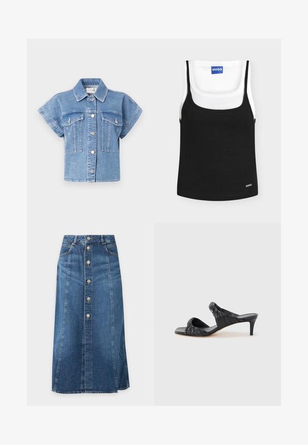 Lichtblauwe denim korte mouwen jacket met een kraag, knoopsluiting aan de voorkant en twee grote borstzakken. Kenmerken zijn stiksels en zilveren knopen.; Twee geribbelde tanktops, één zwarte over een witte, beide met ronde halzen en een klein "HUGO" merklabel.; Blauwe denim midi-rok met knoopsluiting aan de voorkant, zijzakken en zichtbare stiksel details tegen een effen achtergrond.; Zwarte sandalen met hak en een vierkante neus, gemaakt van glad leer. Voorzien van geplooide bandjes en een slanke hak voor extra hoogte.