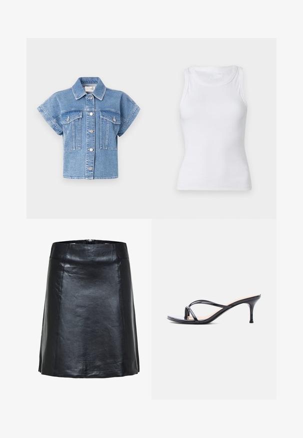 Lichtblauwe denim korte mouwen jacket met een kraag, knoopsluiting aan de voorkant en twee grote borstzakken. Kenmerken zijn stiksels en zilveren knopen.; Witte geribbelde tanktop met een ronde halslijn en zonder mouwen. Het materiaal lijkt glad met een aansluitende silhouette. Geen zichtbare patronen of accenten.; Zwarte leren A-lijn rok met zichtbare stiksels en een lichte glans, met een hoge taille en een korte zoom.; Zwarte laklederen sandaal met hakken, dunne gekruiste bandjes en een slanke, middelhoog stilettohak op een witte achtergrond.