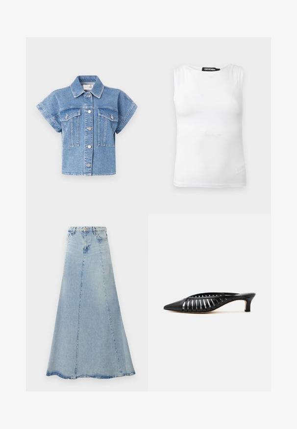 Chaqueta de mezclilla de manga corta color azul claro con cuello, abertura con botones y dos grandes bolsillos en el pecho. Presenta costuras y botones plateados.; Camiseta blanca sin mangas con cuello redondo y etiqueta negra de la marca "DENIM" en el cuello, mostrada sobre un fondo liso.; Falda de mezclilla azul claro con forma acampanada en A, que cuenta con un cierre frontal de botones, pasadores para cinturón y detalles de costura visibles.; Zapato mule de cuero negro con punta afilada, diseño de tiras con recortes y tacón bajo tipo kitten sobre fondo blanco.