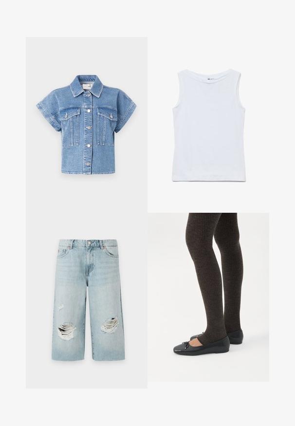 Chaqueta de mezclilla de manga corta color azul claro con cuello, abertura con botones y dos grandes bolsillos en el pecho. Presenta costuras y botones plateados.; Camiseta blanca sin mangas de algodón con un amplio escote redondo y dobladillo recto, mostrada extendida sobre un fondo blanco.; Pantalones cortos de mezclilla azul claro con un corte holgado, que presentan dos grandes desgastes en la parte delantera. Cinco bolsillos y un cierre metálico visible.; Piernas con leggings oscuros acanalados combinados con bailarinas negras que presentan pequeños detalles de lazo sobre un fondo blanco.