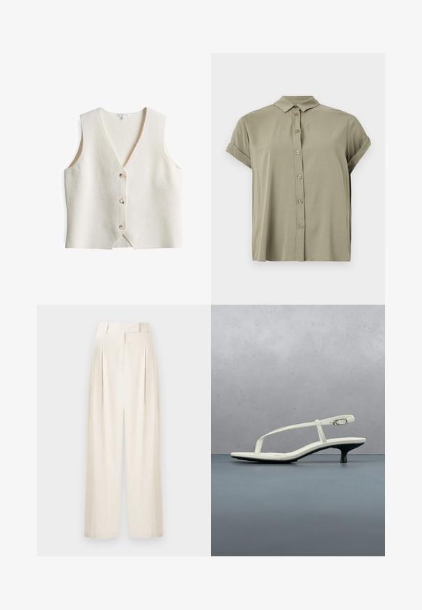 Witte wolmix vest met een V-hals, mouwloos ontwerp en vier ronde knopen aan de voorkant. Zachte textuur en iets losse pasvorm.; Korte mouwen, olijfgroen button-up shirt gemaakt van lichtgewicht stof, met een klassieke kraag en opgerolde mouwen.; Crème-kleurige wijde broek van textuurstof, met een hoge taille, plooien en een rechte snit.; Witte sandaal met smalle bandjes en kitten heel, met een spitse neus, zwevend boven een houten tegelvloer buiten, met op de achtergrond een wazige plant en muur.