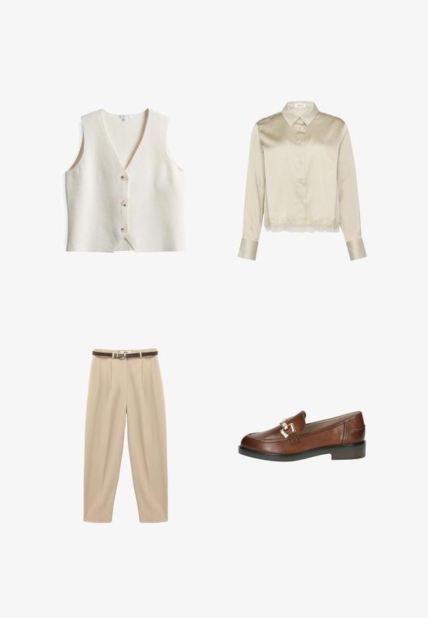 Witte wolmix vest met een V-hals, mouwloos ontwerp en vier ronde knopen aan de voorkant. Zachte textuur en iets losse pasvorm.; Beige satijnen blouse met lange mouwen, een klassieke kraag, knopen aan de voorkant en een kanten rand langs de onderrand. Zachte textuur, getailleerde pasvorm.; Beige, high-waisted broeken van zachte stof, voorzien van een bruine riem met een metalen gesp, en voorplooien voor extra structuur.; Caprice Instappers - cognac nappa