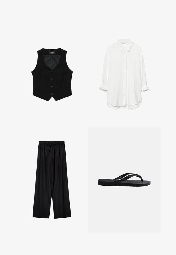 Veste noire sans manches cintrée avec quatre boutons sur le devant et un col en V, fabriquée par Stradivarius.; Stradivarius RUSTIKALES DAILY - Chemisier - white; Pantalon ample noir à taille élastique avec cordon de serrage devant, fabriqué en tissu léger.; Tongs en caoutchouc noir avec semelle texturée et bride en Y lisse sur un fond clair uni.