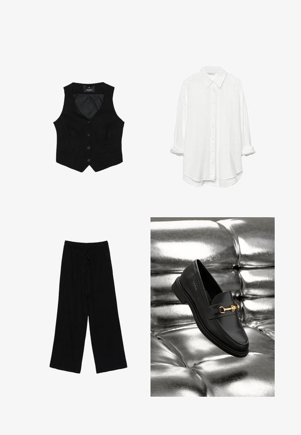Gilet noir avec un décolleté en V, cinq boutons sur le devant, deux poches latérales et une doublure intérieure lisse. Pas de motifs visibles ni d'accents en matériel.; Stradivarius RUSTIKALES DAILY - Chemisier - white; Pantalon noir à jambes larges avec taille élastique et lien à nouer à l'avant.; Mocassin en cuir noir avec un détail en métal doré. La chaussure présente un design épuré et une texture lisse et brillante.