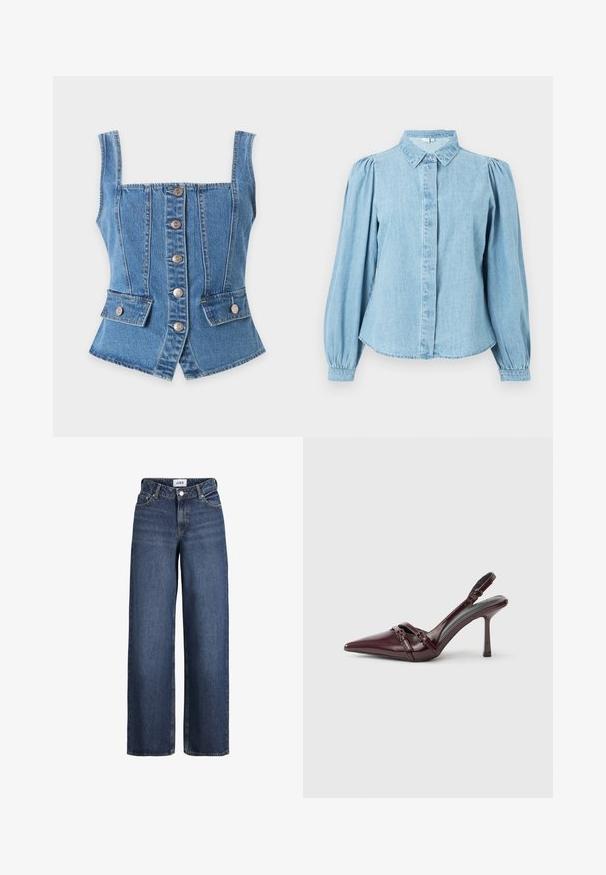 Veste en jean bleu sans manches avec des boutons à l'avant et deux poches à rabat sur un fond blanc uni.; Chemise en denim bleu clair avec un col pointu, une patte de boutonnage à l'avant et des manches longues bouffantes. Texture lisse avec un ourlet arrondi.; Jean en denim bleu à jambes larges avec bouton et fermeture éclair à l’avant, passants de ceinture et poches, présenté sur fond blanc.; Escarpin slingback en cuir verni bordeaux avec bout pointu, fine bride à la cheville et petit détail décoratif de boucle. Texture lisse et talon haut.