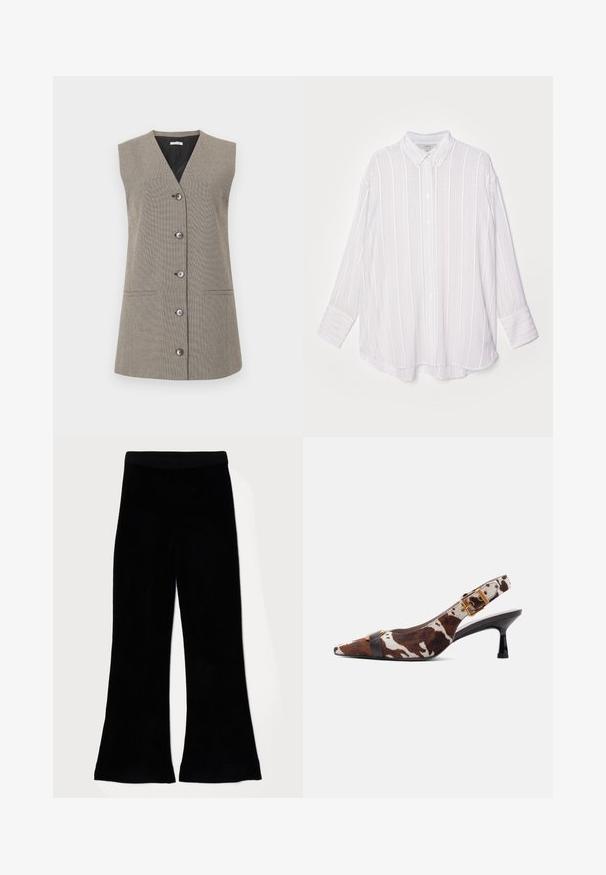 Chaleco sin mangas beige abotonado con escote en V, bolsillos laterales y un sutil patrón texturizado sobre un fondo liso.; Camisa de manga larga blanca con rayas verticales en un gris claro, cuello abotonado y puños enrollables. Tejido suave con un corte ligeramente oversize.; Pantalones negros acampanados hechos de una tela suave y texturizada con una cintura lisa. El diseño presenta una pierna ancha y un dobladillo uniforme.; Zapato de tacón kitten con tira trasera, estampado de vaca en marrón y blanco, punta puntiaguda, correa negra en el frente y detalle de hebilla dorada en la correa del tobillo.