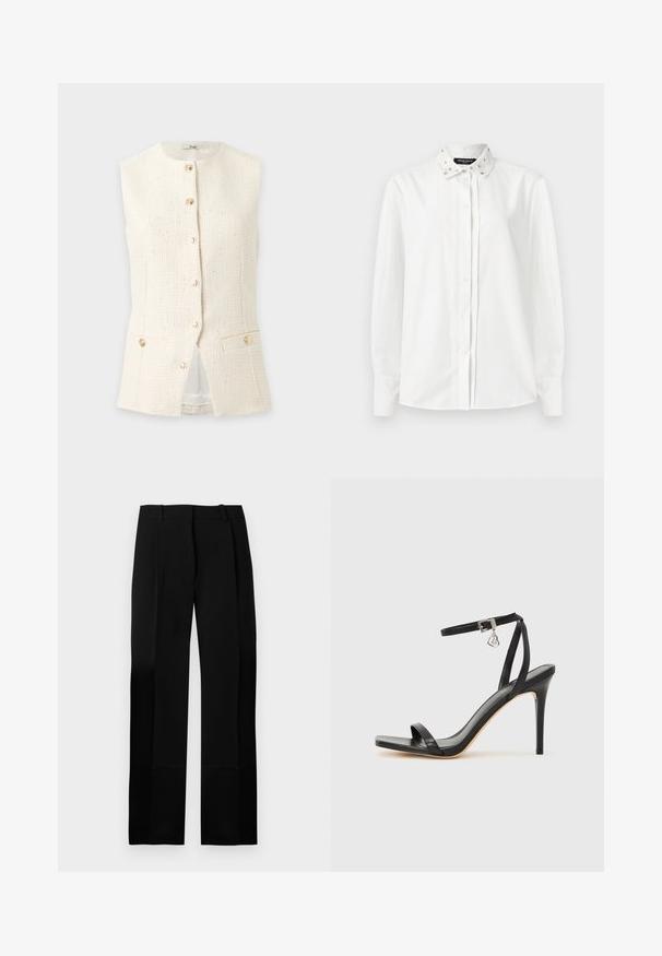 Gilet crème texturé sans manches avec encolure ronde, boutons dorés à l'avant et deux poches boutonnées à la taille.; Chemise blanche à manches longues avec un col décoratif et orné. Fermeture à boutons et texture de tissu lisse. Design classique à col boutonné.; Pantalon noir sur mesure avec une texture lisse, coupe droite et plis à l'avant. Comprend une ceinture plate sans quincaillerie visible.; Sandale à talon haut noire avec une bride étroite à la cheville, bout carré, cuir lisse et accent de boucle métallique.