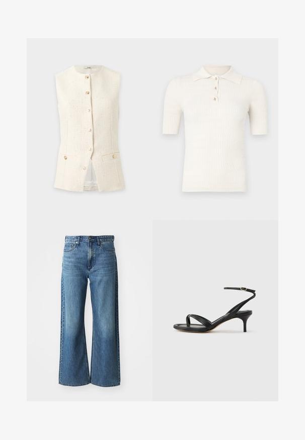Gilet crème texturé sans manches avec encolure ronde, boutons dorés à l'avant et deux poches boutonnées à la taille.; Polo crème côtelé à manches courtes, doté d'un col plat et de trois boutons décoratifs au niveau de l'encolure. Texture lisse.; Jean en denim bleu à jambes larges avec une taille mi-haute, cinq poches et un léger dégradé. Caractéristiques : passants de ceinture et détails cousus.; Sandale pour femme en cuir noir avec fines lanières, une boucle d'orteil, une boucle à la cheville et un talon aiguille de hauteur moyenne sur un fond neutre.
