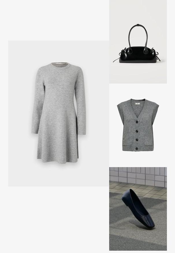 Gilet en tricot gris avec un col en V, des manches courtes et cinq boutons noirs. Il dispose de deux poches avant et d'une texture côtelée sur les bords.; Robe grise à manches longues en tissu doux ; présente un col rond et une coupe décontractée, s'évasant légèrement à l'ourlet avec des fentes latérales.; Chaussure plate en cuir noir debout sur une surface asphaltée près du bord d'un trottoir carrelé.; Petit sac à main noir brillant avec deux longues anses et des détails à cordon sur les côtés sur un fond clair uni.