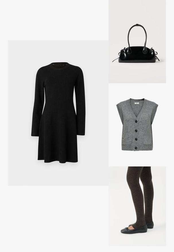 Chaleco de punto gris con escote en V, mangas cortas y cinco botones negros. Presenta dos bolsillos frontales y textura acanalada en los bordes.; Vestido negro de manga larga hecho de una tela suave. Presenta un cuello redondo, un cuerpo ajustado y una falda acampanada, con una textura lisa. Sin patrones ni acentos.; Piernas con leggings oscuros acanalados combinados con bailarinas negras que presentan pequeños detalles de lazo sobre un fondo blanco.; Pequeño bolso negro brillante con dos asas largas y detalles de cordón lateral sobre un fondo claro liso.