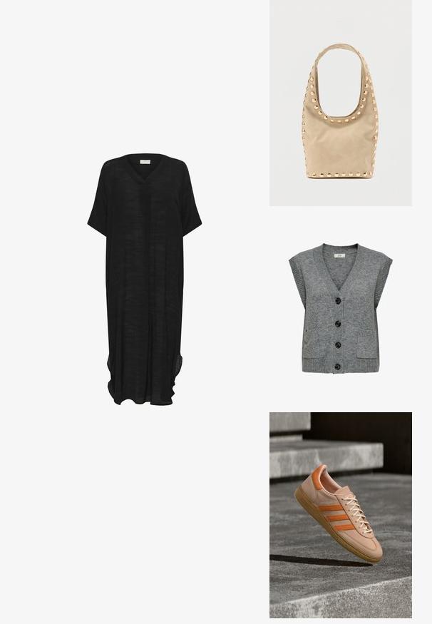 Chaleco de punto gris con escote en V, mangas cortas y cinco botones negros. Presenta dos bolsillos frontales y textura acanalada en los bordes.; Vestido negro de corte holgado, confeccionado con una tela ligera, que presenta un escote en V, mangas cortas y aberturas laterales para mayor comodidad al moverse.; Zapatilla beige con franjas naranjas, cuello acolchado, suela de goma texturizada y cordones blancos. Presenta un logo "Spezial" en el lateral.; Bolso beige con forma redondeada, textura suave y tachuelas circulares doradas alrededor de los bordes. Cuenta con una sola correa y una apertura espaciosa.