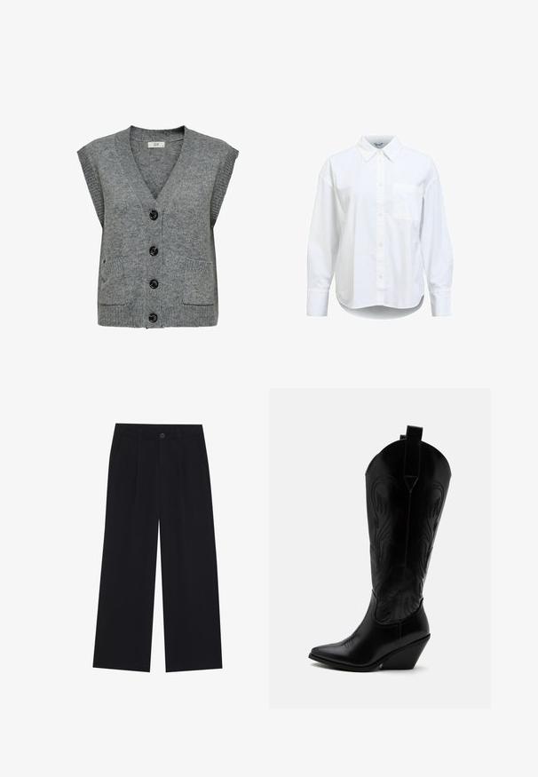 Chaleco de punto gris con escote en V, mangas cortas y cinco botones negros. Presenta dos bolsillos frontales y textura acanalada en los bordes.; Camisa blanca de manga larga con botones, cuello puntiagudo y bolsillo en el pecho a la izquierda, mostrada sobre un fondo blanco.; Pantalones de pierna ancha negros confeccionados en una tela suave. Presentan pliegues delanteros, un cierre de botón y bolsillos laterales. Diseño liso sin patrones.; Bota de vaquero de cuero negro con punta puntiaguda, tacón bloqueado inclinado, costuras decorativas y lengüetas en la parte superior sobre fondo blanco.