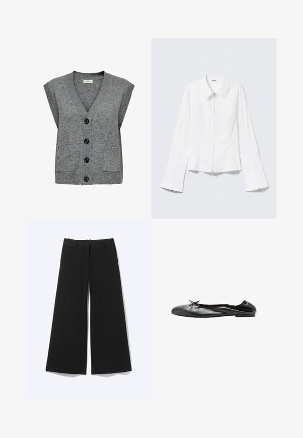 Chaleco de punto gris con escote en V, mangas cortas y cinco botones negros. Presenta dos bolsillos frontales y textura acanalada en los bordes.; Camisa blanca de manga larga con cuello con solapa y cremallera frontal. Presenta puños acampanados y una textura suave de mezcla de algodón.; Pantalones negros de pierna ancha con trabillas para cinturón y cierre frontal sencillo, mostrados sobre un fondo liso.; Bailarina plana de cuero negro con un pequeño lazo en la parte delantera y una costura trasera ligeramente fruncida, mostrada de lado sobre un fondo blanco.