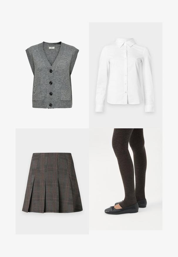 Chaleco de punto gris con escote en V, mangas cortas y cinco botones negros. Presenta dos bolsillos frontales y textura acanalada en los bordes.; Camisa blanca de manga larga con botones, cuello puntiagudo, bajo recto y silueta ajustada, presentada sobre un fondo claro y liso.; Falda de cuadros gris con pliegues, con intrincados patrones en blanco y negro, acentuados por delgadas líneas rojas. Está hecha de una tela estructurada.; Piernas con leggings oscuros acanalados combinados con bailarinas negras que presentan pequeños detalles de lazo sobre un fondo blanco.