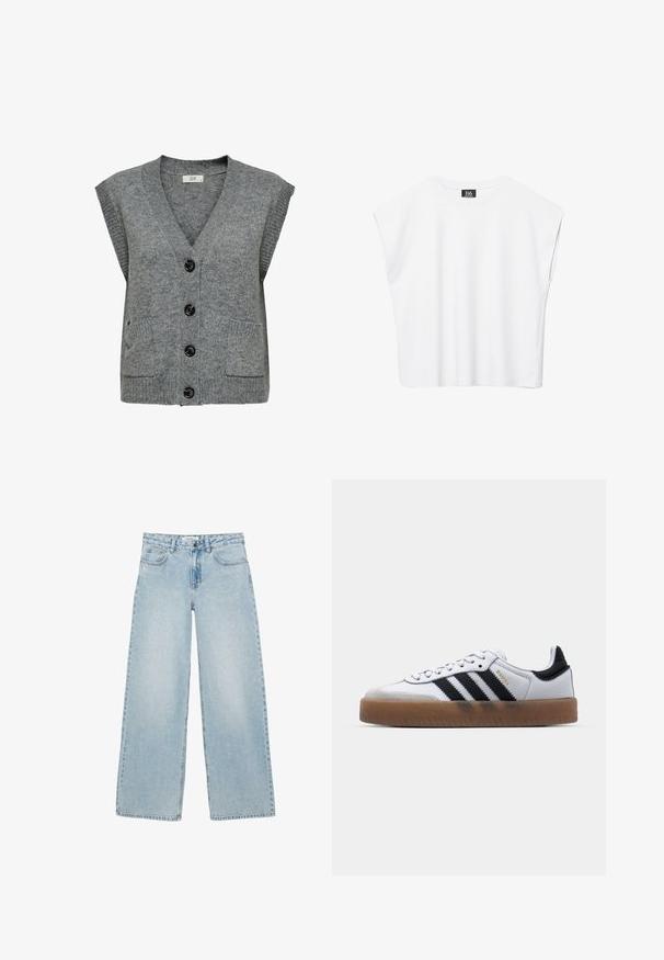 Grå strikket vest med V-hals, korte ærmer og fem sorte knapper. Har to frontlommer og ribbet tekstur ved kanterne.; Hvid ærmeløs crop top med rund halsudskæring, brede skuldre og sort "B6"-label indvendigt i kraven.; Lyseblå bukser med vide ben, for- og baglommer, knap- og lynlås-lukning samt diskrete rhinstenudsmykninger.; Hvide lædersneakers med sorte striber, gummirubber sål, rund tå, snørelukning og blød grå ruskinds tåhætte.