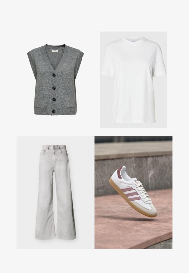 Gilet en tricot gris avec un col en V, des manches courtes et cinq boutons noirs. Il dispose de deux poches avant et d'une texture côtelée sur les bords.; T-shirt en coton blanc avec des manches courtes et un col rond. Présente une coupe décontractée et un design minimal sans motifs ni accents.; Jeans larges gris clair en jean, avec une taille haute, des poches avant et une fermeture à boutons. Texture lisse avec un léger aspect délavé.; Baskets blanches et roses Adidas Samba avec semelle en gomme flottant au-dessus d'une surface en pierre et un mur en pierre flou en arrière-plan.