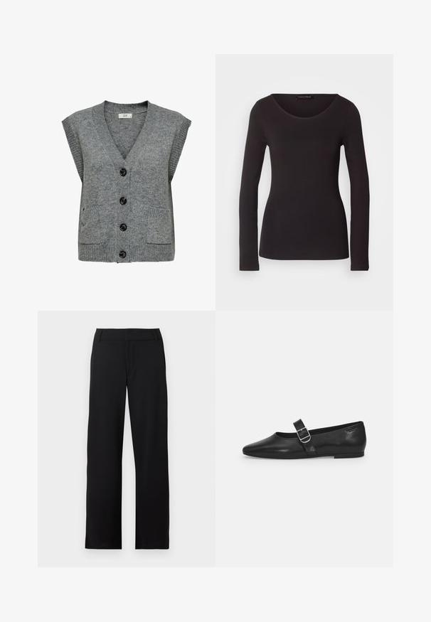 Grijze gebreide vest met V-hals, korte mouwen en vijf zwarte knopen. Voorzien van twee zijzakken en ribbelstructuur aan de randen.; Zwarte longsleeve top gemaakt van soepele stof met een ronde hals en een aansluitende pasvorm; bevat geen patronen of accenten.; Zwarte broek met rechte pijpen, met riemlussen en een ritssluiting aan de voorkant, getoond tegen een witte achtergrond.; Zwarte leren platte schoen met een ronde neus, een enkele verstelbare gespsluiting en een gladde, glanzende textuur. Minimalistisch ontwerp met een lage hak.